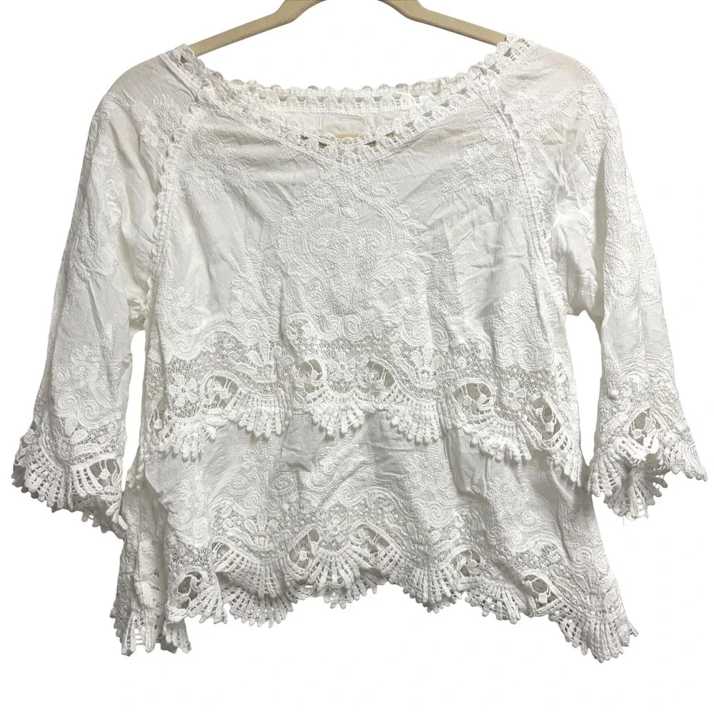 Free People Crochet Lace Embroidered White Blouse Boho Scalloped Tiered Medium